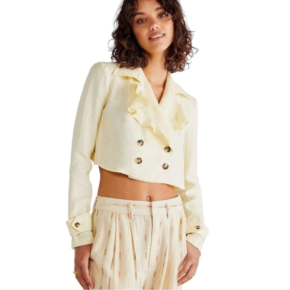 Jackets & Blazers - FREE PEOPLE Yellow Cropped Linen Ruffle Cross-Back Jacket Blazer, size XS